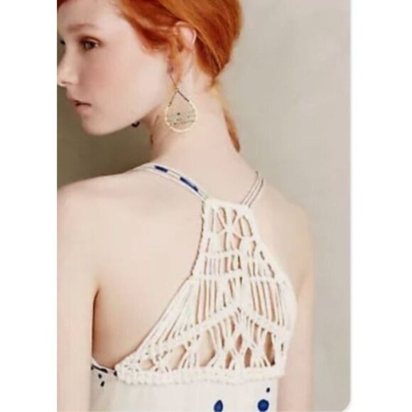 Anthropologie Maeve Inkdrop Midi Dress Tie Waist Blue White Crochet Size Large - Picture 2 of 12